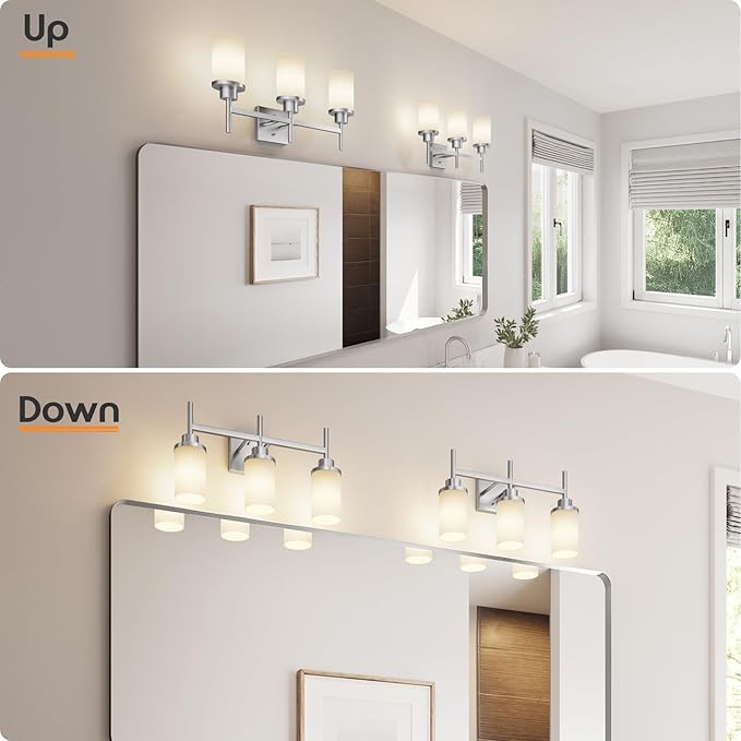 AONEON Bathrom Light Fixtures Brushed Nickel 3-Light with White Frosted Glass Shade, Modern Wall Lamps Over Mirror for Bath Washroom Living Room T001BR-L3