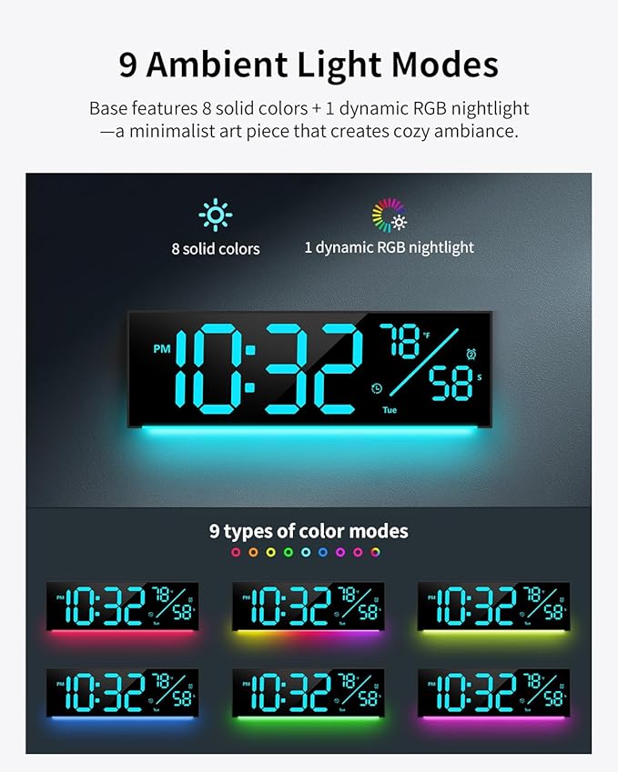Digital Wall Clock, Large Display Digital Clock with 11 RGB Colors, Wall Clock with Night Light, Alarm Clock, Date, Week, Temp, DST for Living Room, Bedroom, Classroom Decor, Gift for Senior Mom Dad