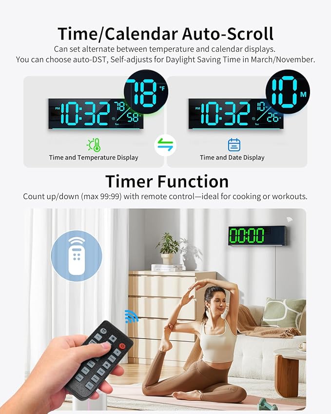 Digital Wall Clock, Large Display Digital Clock with 11 RGB Colors, Wall Clock with Night Light, Alarm Clock, Date, Week, Temp, DST for Living Room, Bedroom, Classroom Decor, Gift for Senior Mom Dad