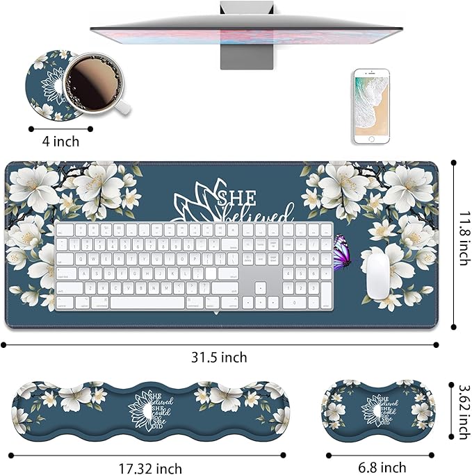 Ergonomic Keyboard Wrist Rest & Mouse Pad Wrist Rest Set, She Believed She Could So She Did Inspirational Quote Large XXL Gaming Desk Mat 31.5"x 11.8" with Non-Slip Base for Home Office Study Gaming