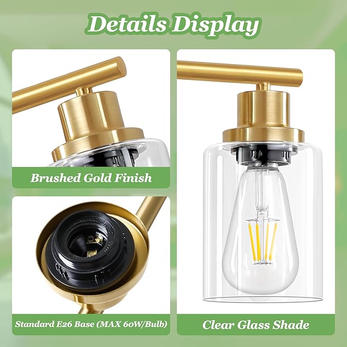 Guliaofo 3-Light Brushed Gold Vanity Lights, E26 Modern Bathroom Light Fixtures with Clear Glass Shade, Wall Lamps for Mirror Kitchen Hallway Cabinet Living Room Sconces Lights