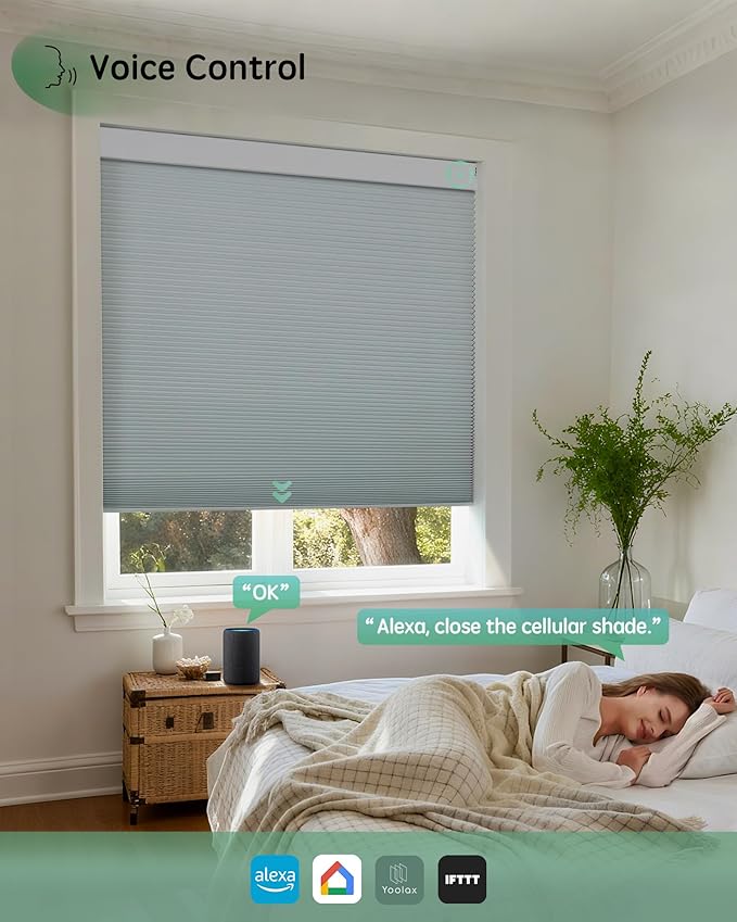 Yoolax Smart Blinds, Motorized Cellular Shades Compatible with Alexa, Blackout Electric Blinds with Remote for Indoor Windows, Automatic Energy Saving Honeycomb Shades, White, 33" W x 72" H