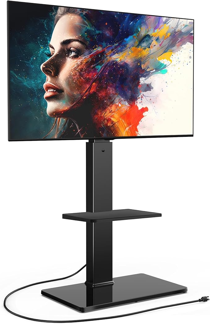 FITUEYES Floor TV Stand for 32-75 inch TV with Power Outlet, Tall TV Stand for Bedroom Living Room with Tempered Glass Base, Floor TV Mount Holds Up to 88lbs MAX VESA 600x400mm,Black