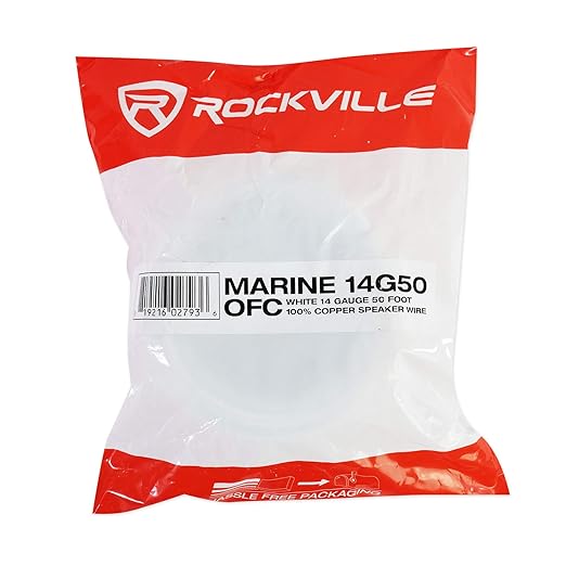 Rockville Marine 14G50 14 Gauge 50 Ft Tinned OFC Copper Speaker Wire, White, Marine-Grade Jacket, Super-Flex, Printed Markers, for Boats, RVs, and Outdoor Audio