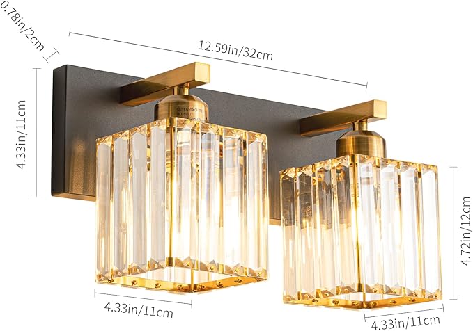 FDPBY Modern Bathroom Vanity Light 2-Lights Black Gold Crystal Bathroom Wall Light Vanity Light Fixtures，12.59-inch Modern Minimalist Design