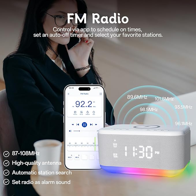 Bluetooth Alarm Clock Radio Bedroom, Digital Dual Alarm Clock Bedroom, Up to 10 Alarms Clock Night Light Speaker App/Button Control FM Charge Snooze Adjustable Brightness Dim 12/24H, White