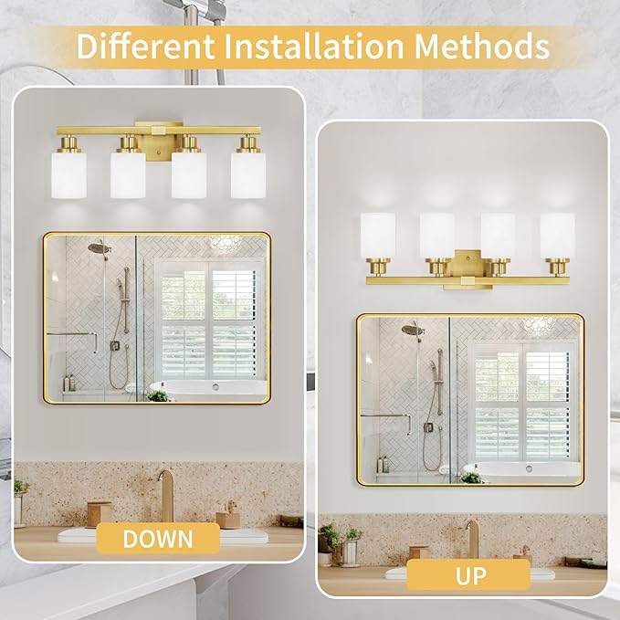 DIKAIDA 4-Light Gold Vanity Light, Modern Gold Bathroom Light Fixtures Over Mirror with Milky White Glass Shade, Bath Wall Mount Lights Wall Lamp for Mirror Bedroom, Living Room Hallway Kitchen