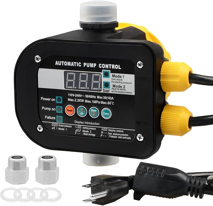 OELFFOW Smart Pump Controller with 2 Metal Pump Connector, BSPP G1 Threaded Interface, 2 Modes Digital Display, Adjustable Pressure, High Power, for Home, Garden, Industrial Use