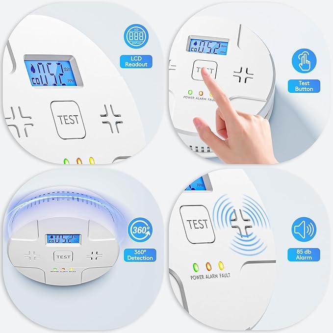 2 in 1,Combination Smoke and Carbon Monoxide Alarm,Detect CO,85 dB Alert,LCD Digital Readout,with 3 * 1.5V AA Batteries,Low Battery Warning,Self Test Button,Easy Installation and Maintenance