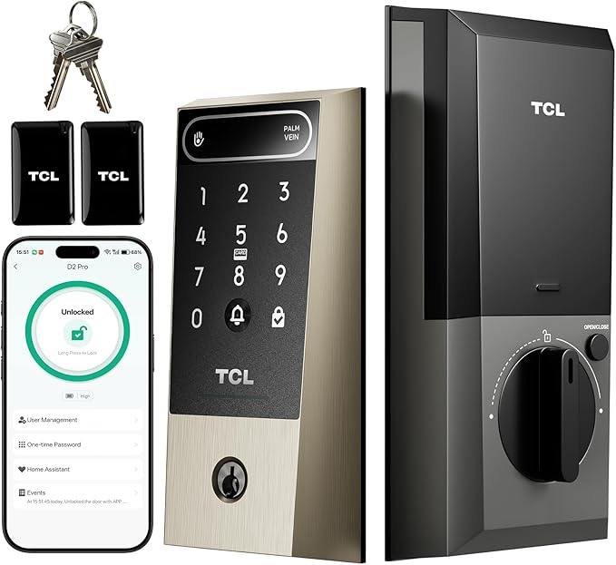 TCL D2 Pro Smart Lock with Palm Vein Recognition, 10000mAh Rechargeable Battery & Wi-Fi, Keyless Entry Door Lock, IP55 Weatherproof, Built-in Doorbell, Auto Lock, Brushed Nickel