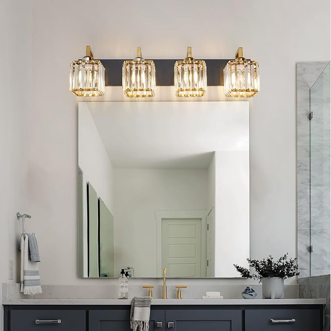 FDPBY Modern Bathroom Vanity Light 4-Lights Black Gold Crystal Wall Lamp Bathroom Modern Crystal Vanity Lighting