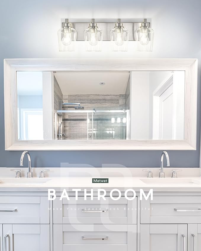 METWET Bathroom Light Fixtures, 4-Light Modern Vanity Light with Clear Glass Wine Glass-Shaped Shade, Vanity Lighting Fixtures Over Mirror, Brushed Nickel, VL155-BN-4
