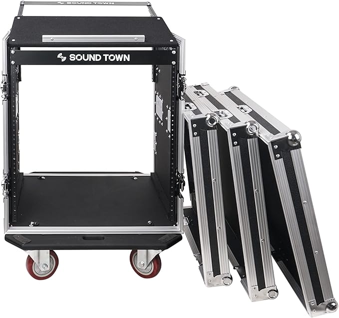 Sound Town High-Quality 1/2” (12mm) Plywood 12U PA DJ Pro Audio Rack/Road ATA Case with 12U Slant Mixer Top, Locking Drawer, 20.2’’ Rackable Depth and Casters (STMR-12D2)