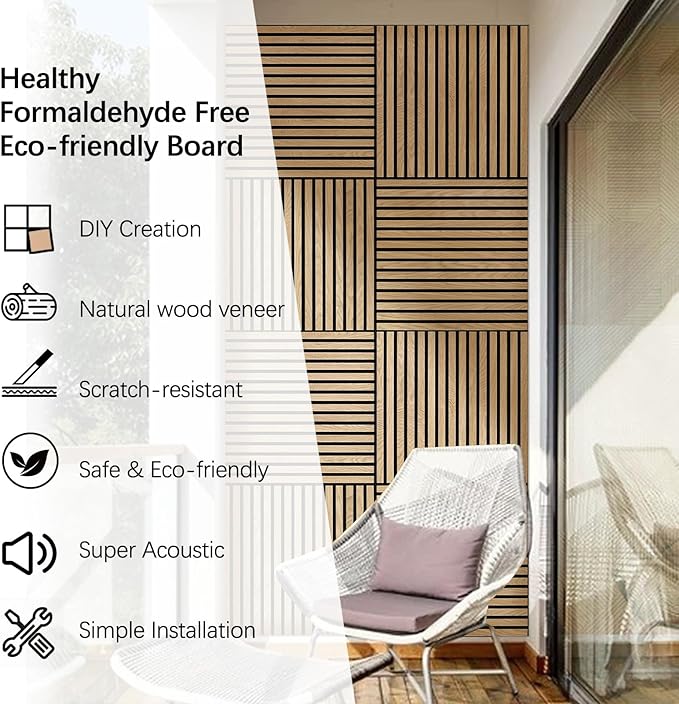 ARMURO Acoustic Wood Panels for Wall 4-Pack - Natural Oak Veneer Soundproof Panels for Home & Office, 23.6" Wood Wall Panels with Noise Reduction (23.6" W x 23.6" L)