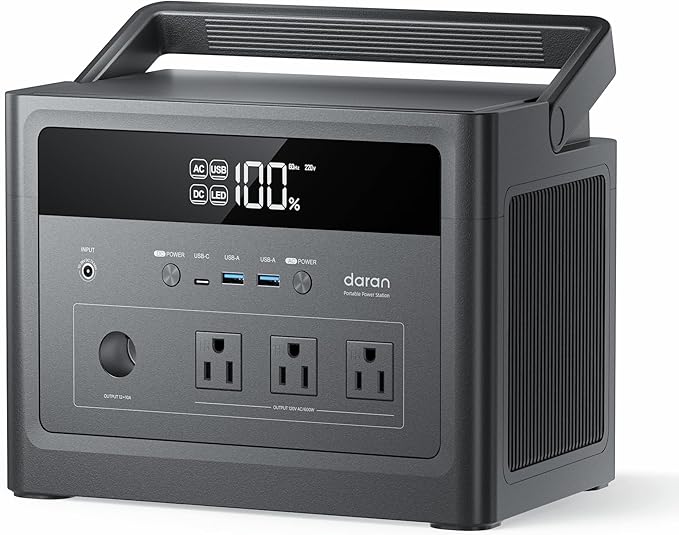 DaranEner Portable Power Station 600W (1200W Surge), 576Wh LiFePO4 Battery Backup, Solar Generator with 100W USB-C Fast Charge, Outdoor Camping RV Backup Power, Home Emergency Power Supply