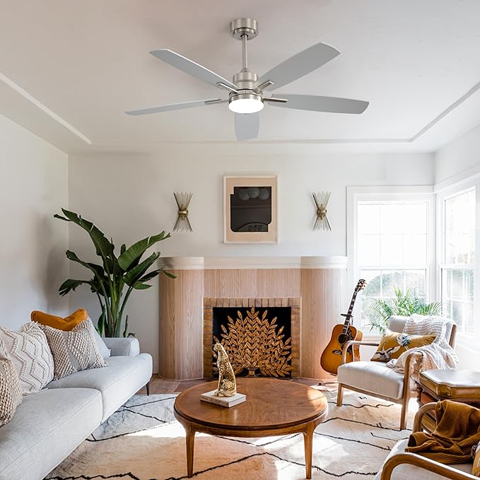 ARTPLAN 52" Ceiling Fan with Light and Remote, Noiseless DC Motor & Reversible Blades - Flush Mount LED Ceiling Fan for Bedroom, Living Room, Dining Room,Nickel