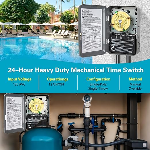 T104 Electromechanical Timer Switch for Lights, Fans, HVAC, 208-277 VAC 40A DPST, 5HP, 12 ON/Off Cycles, Tripper Included – Heavy Duty Pool Timer