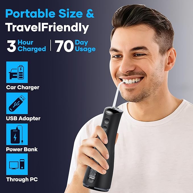 SOLIHY Cordless Water Flosser, Water Dental Flosser, Rechargeable Irrigation Cleaner,4 Modes Portable Water Flosser with 5 Nozzles, Water Flossers for Teeth, Dental Tools (Black)
