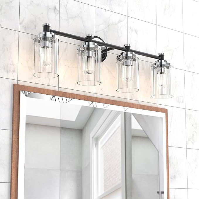 PHIXART Bathroom Lighting Fixtures Black and Chrome Bathroom Vanity Light with Cylindrical Clear Stripes Glass Lampshade E26 Socket Base Bathroom Lighting Fixtures Over Mirror (4 Lights)