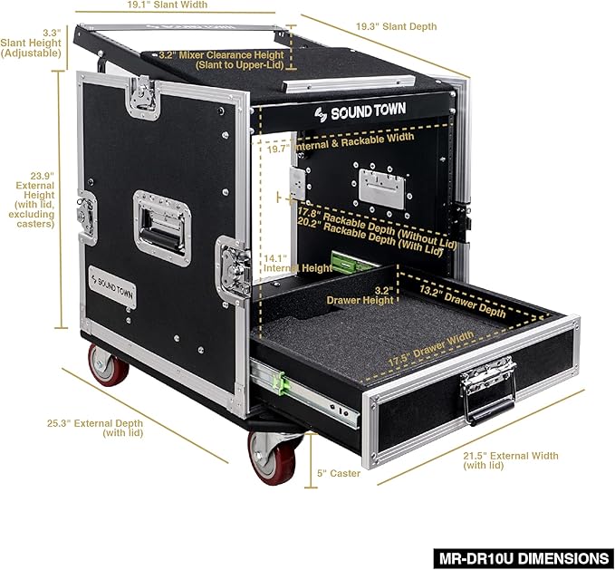 Sound Town 10U PA DJ Pro Audio Rack/Road ATA Case with 2U Drawer, 11U Slant Mixer Top, DJ Work Table, Casters, Pro Tour Grade (MR-DR10U)