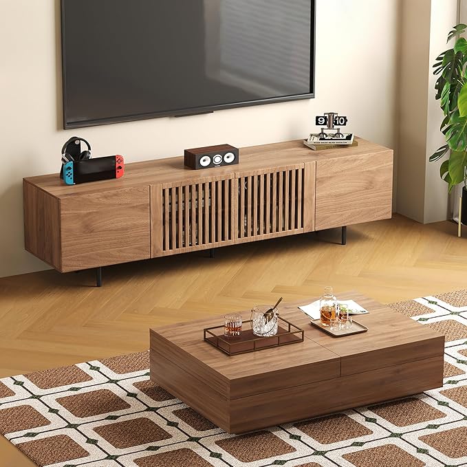 gaoyangjiaju Mid-Century Modern Expandable Coffee Table & TV Stand Set, Walnut Finish – Elegant Storage Combo for Living Room, Bedroom, or Lounge (70.87" TV Stand+Coffee Table)