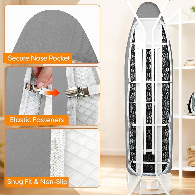 Ironing Board Cover and Pad, 18x49 Extra Wide Thick Iron Padding, Scorch & Stain Resistant Ironing board cover, Heavy Duty Iron Board Padded with Adjustable Fasteners Durable Elastic Edge, Grey