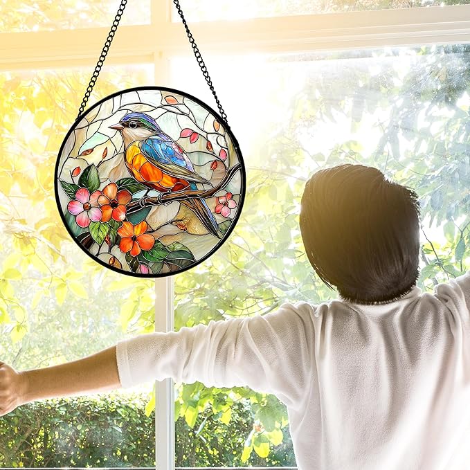 DASTOLL Stained Glass Window Hanging, Blue Bird Pink Flower Suncatcher Diamond Glass Panel Bird Sun Catchers Decor for Birthday for Women, Men, Wife, Aunt, and Mom 7.8 in
