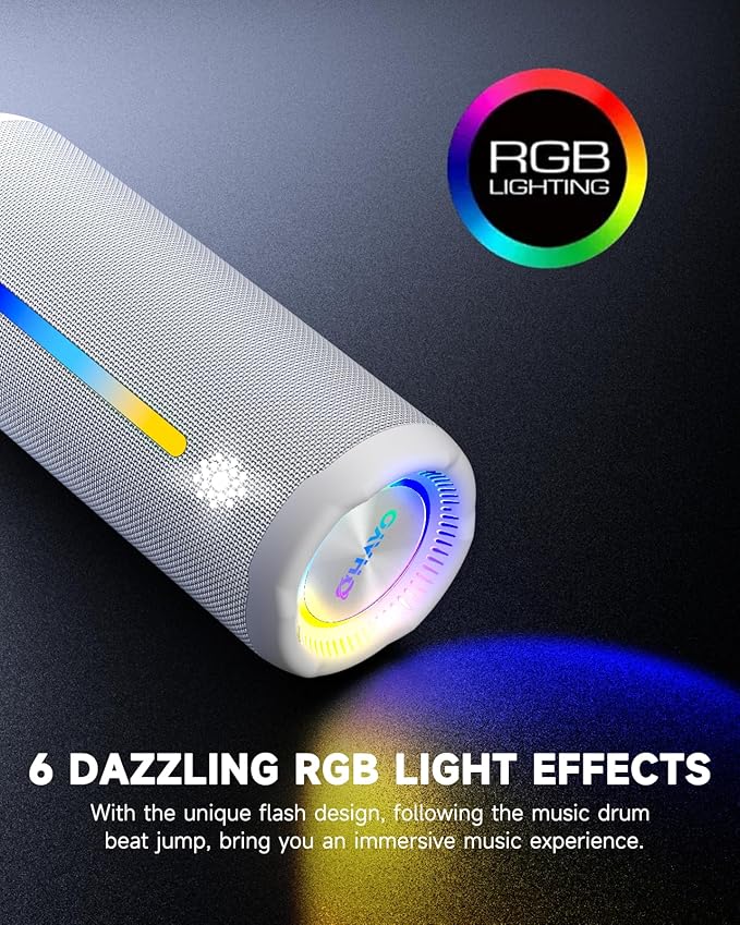 OHAYO Bluetooth Speaker, Portable Wireless, IPX7 Waterproof, Powerful 25W Sound, 24H Playtime, Dual Pairing, Active Bass, Colorful Lights, Bluetooth 5.3, Outdoor Speakers for Home/Party/Beach, White