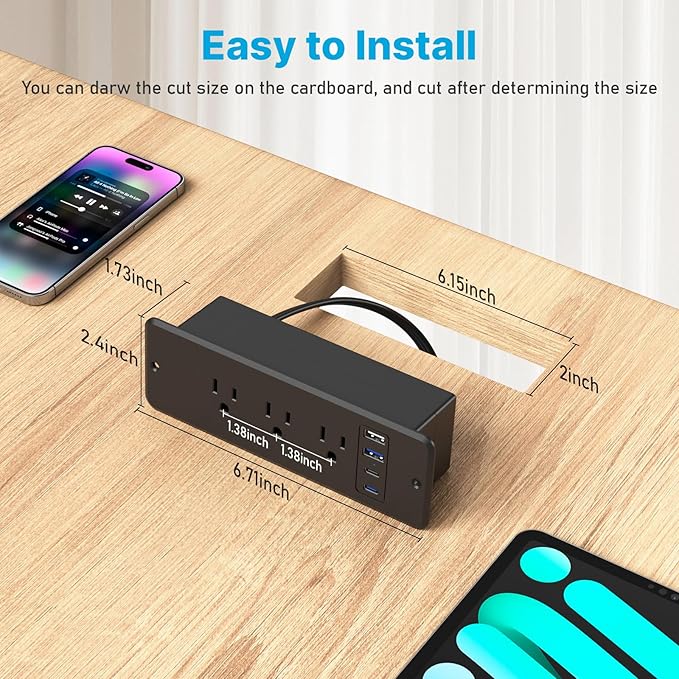 CCCEI 6 Outlets Dual Side Recessed Power Strip with 45W USB C Port, Furniture Flush Mount, Under Desk, Desk Top Multiple Outlet, Hidden Charging Station for Conference Table, Nightstand, Black. 10FT.