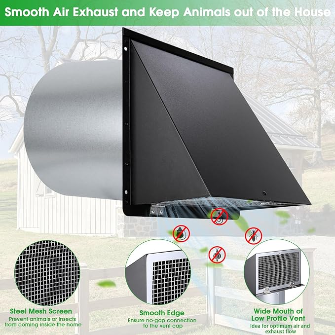 4 Inch Dryer Vent Cover Outside,Dryer Vent Cover Outdoor Wall Vent Hood Dryer Exhaust Vent Cap,Hooded Wall Vent with Screen & Damper,Wall Mount Extractor Vent for Dryer Duct AC,Galvanized Steel,Black