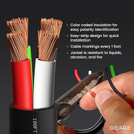 GEARit Outdoor Speaker Wire CL3 Rated, 16 Gauge Speaker Wire, Speaker Cable 250 ft for Outdoor Speakers, Patio, Garden, Backyard Audio, Direct Burial in Ground/in Wall, OFC (Brown, 4-Conductors)