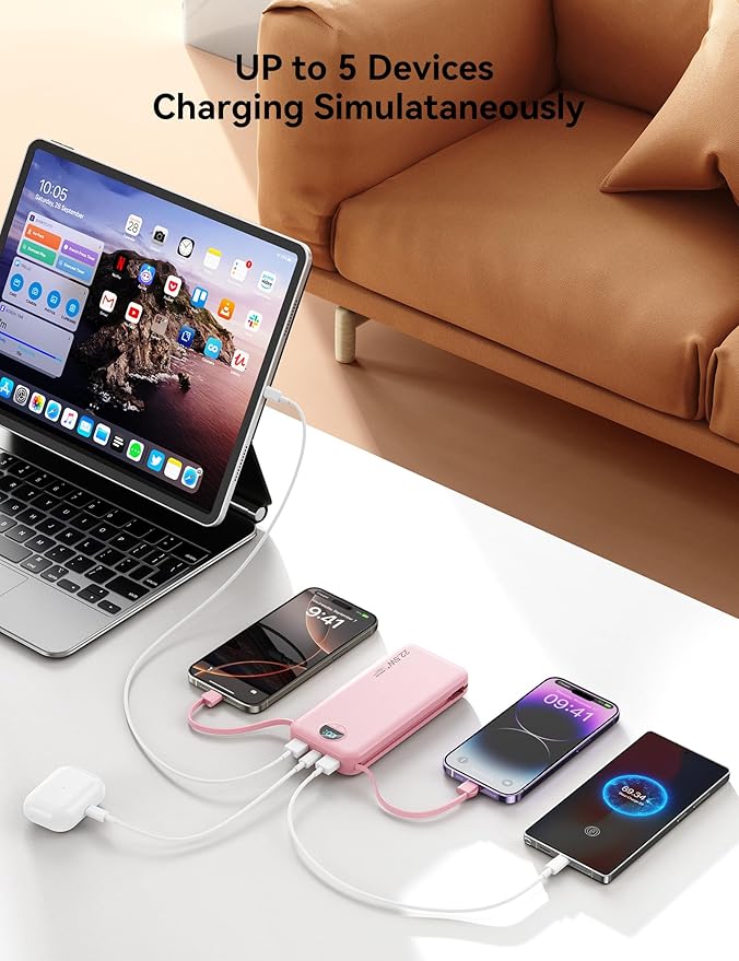 Ultra-Portable-Charger-Power-Bank with Built in Cables&AC Wall Plug,12000mAh PD20W USB-C Fast Charging Cell Phone Charger Battery Pack,LED Display Travel Battery Bank for All iPhone,Samsung,Android