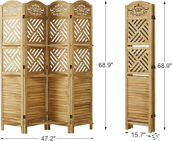 Svimi Room Divider with Shelves, 68.9inch Wood Carved and Louvered Wall Divider Freestanding, 4 Panels Folding Partition Screen for Bedroom Home Office (Natural)
