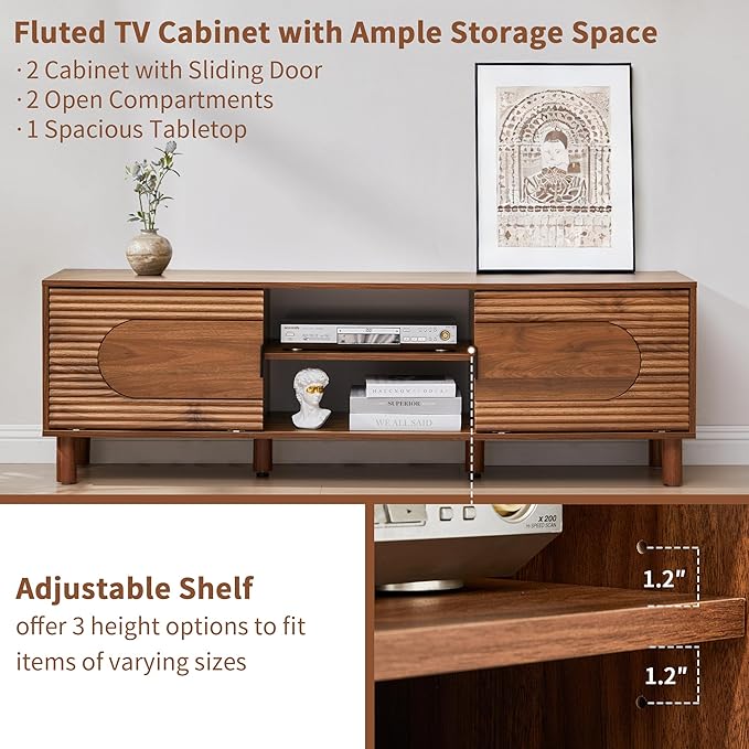 Bifins 63inch Wood TV Stand for Televisions up to 70 Inches,Mid Century Modern Entertainment Center TV Console Table with Storage and Shelf for Living Room Bedroom (Walnut)