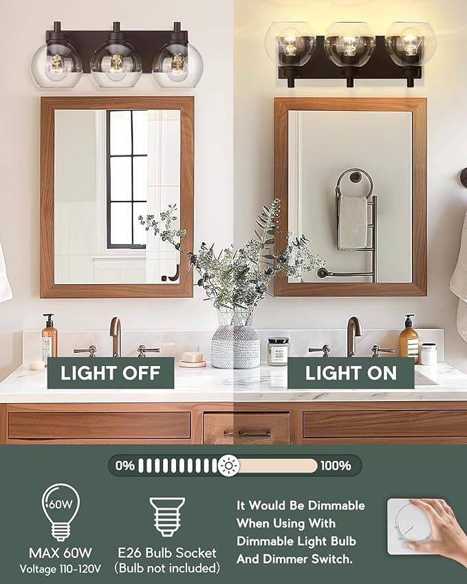 METWET Bathroom Light Fixtures Over Mirror, 3-Light Oil Rubbed Bronze Vanity Light with Clear Glass Globe Shade, Modern Sconces Wall Lighting, Bathroom Wall Lights for Bedroom Hallway, VL195-ORB-3
