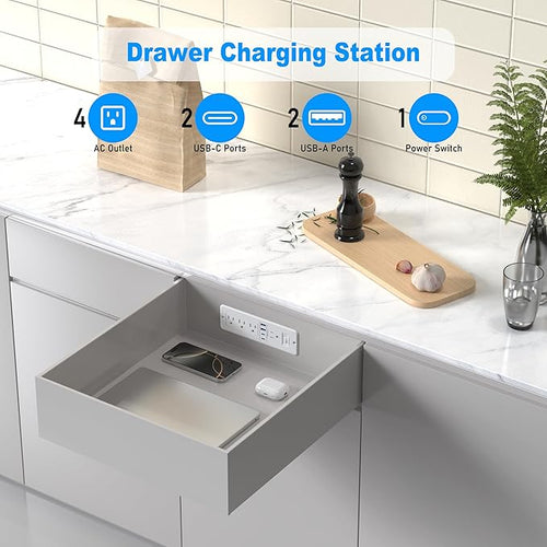 65W USB C Recessed Power Strip, Flush Mount Desktop Recessed Outlet with 4AC & 2 PD GaN USB C & 2 USB-A Ports, Furniture Hidden Drawer Fast Charging Station for Home Office