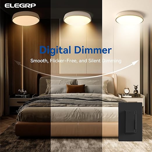 ELEGRP Dimmer Light Switch for 300W Dimmable LED/CFL Lights and 600W INC/HAL Bulbs, Single Pole/3-Way LED Slide Dimmer Light Switch, Wall Plate Included, UL Listed, 5 Pack, Matte Black