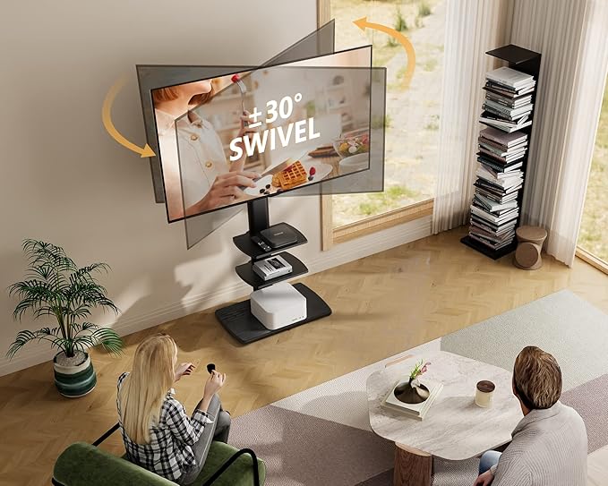 FITUEYES TV Floor Stand for Living Room Bedroom, Tall TV Stands with Sturdy Wood Base for 32 39 40 43 49 50 55 60 65 70 Inch TVs, Corner Stand with Height Adjustable Shelves, Swivel Black