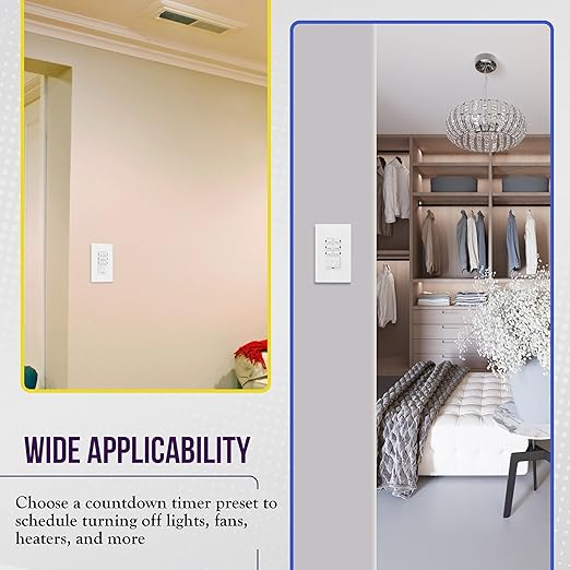 ENERLITES 1-Hour Light Switch Timer, Countdown Wall Timer for Bathroom Fans, Heaters, No Neutral Required, 1-5-10-20-30-60 Min, 120VAC 800W, UL Listed, HET06-J6-W, White, 2 Pack