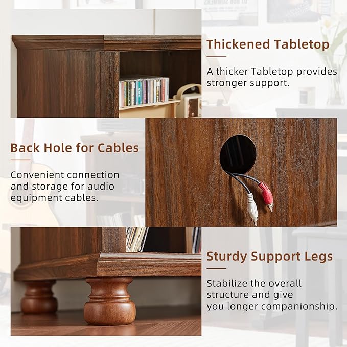Joaxswe Record Player Stand with Vinyl Record Storage, 24" Wide Mid-Century Record Player Table Up to 200 Albums,Large Wood Turntable Stand Cabinet Dispaly Shelf for Living Room,Bedroom,Brown