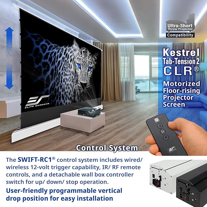 Elite Screens Kestrel Tab-Tension CLR, 101 inch 16:9, Ultra-Short Throw Ceiling Ambient Light Rejecting ALR Electric UST Floor-Rising Projection Motorized Front Projector Screen, FTE101XH3-CLR, White