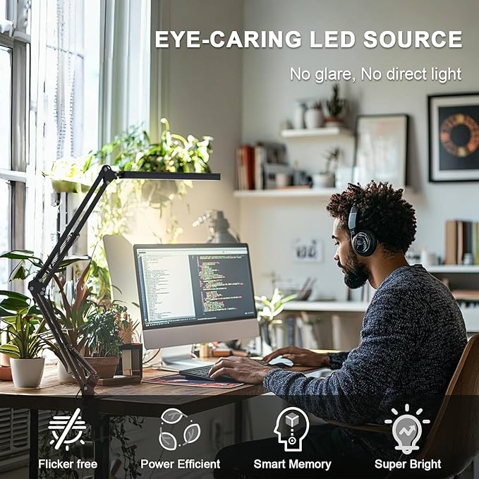 TROPICALTREE LED Desk Lamp for Home Office, Clamp-On with 5 Light Modes & Auto Shut Off | 14W Adjustable Brightness 5000K Eye-Caring Lighting for Study/Bedroom/Computer Desk