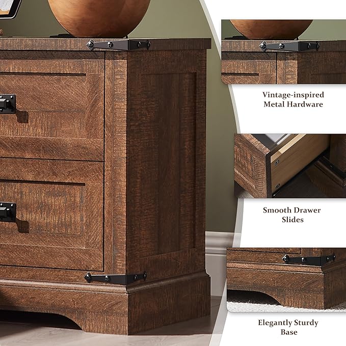 T4TREAM 24" Farmhouse Nightstand with Charging Station Set of 2, Large End Table with 2 Storage Drawers, Rustic Wood Sofa Bedside Table for Bedroom, Reclaimed Barnwood Color