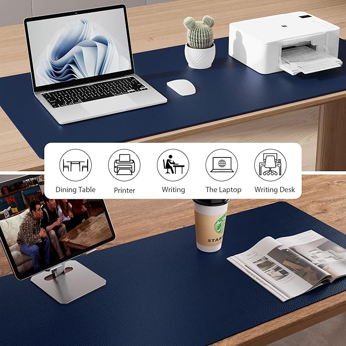 Aothia Leather Desk Pad Protector, Mouse Pad, Office Desk Mat, Non-Slip PU Leather Desk Blotter, Laptop Desk Pad, Waterproof Desk Writing Pad for Office and Home (48"x17", Dark Blue)
