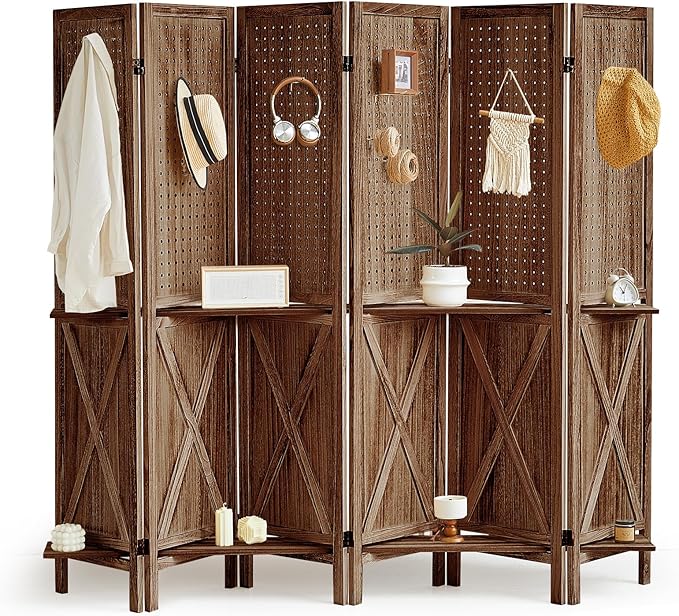 Aleesing 6 Panel Pegboard Display with Shelf, Wooden Pegboard Room Divider Wall with 24 Hooks, Partition Room Dividers and Folding Privacy Screens, Bedroom, Jewelry Store, Brown
