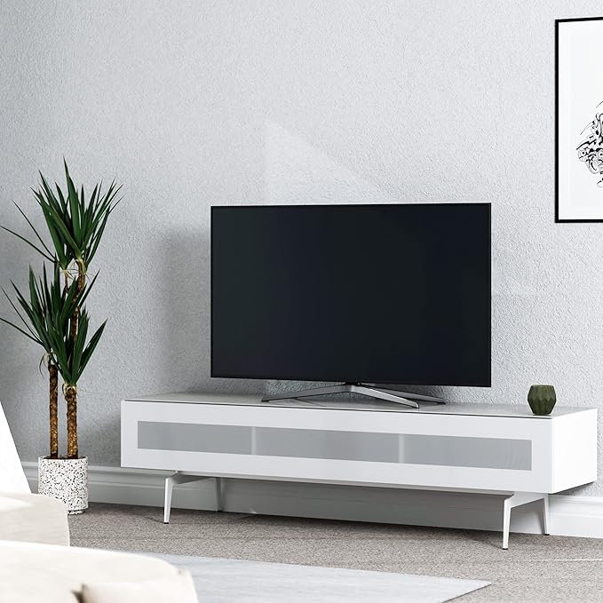 SONOROUS ST-360 Premium TV Stand for Living Room – Modern TV Stands & Entertainment Center with Storage – White Wood & White Glass Cover – Luxury Media Console with Metal Legs for TVs up to 75 inches