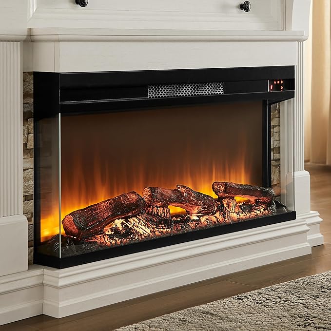 OKD 52 Inch Electric Fireplace with Mantel, Fireplace TV Stand with 36" 3-Sided Glass Electric Fireplace Heater for Living Room (Antique White)