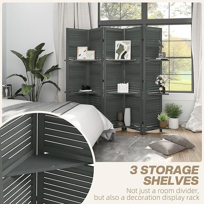 HOMCOM Room Divider, 5 Panel 67" Tall Wood Privacy Screen with 3 Display Shelves, and Folding Storage for Bedroom or Home Office, Gray
