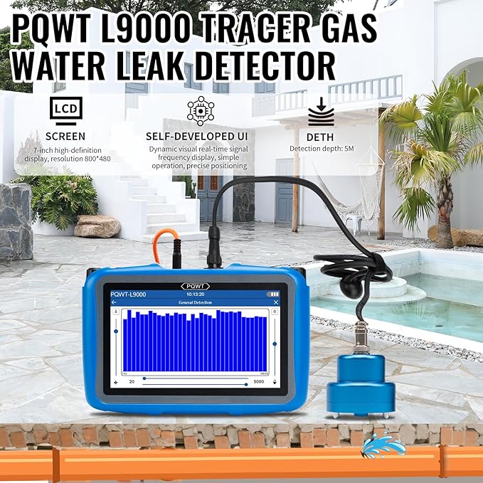 PQWT L9000 Professional Water Leak Detector for Pressure Pipes Combines Acoustic Census Location and Tracer Gas Detection Modes with Touchscreen and Depth up to 8 Meters