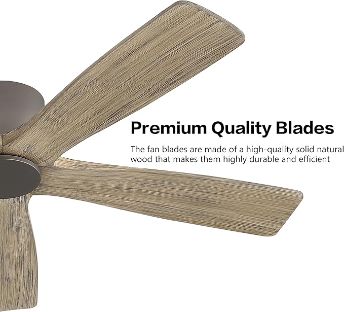 WINGBO 48" Flush Mount DC Ceiling Fans without Lights, 5 Carved Solid Wood Blades, 6-Speed Reversible DC Motor, Low Profile Hugger Ceiling Fan No Light for Living Room Bedroom Patio, Graphite and Gray